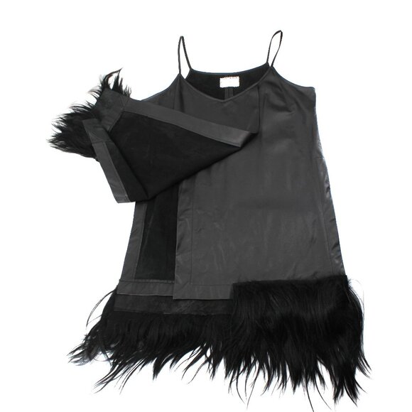 Gary Graham Black Leather Goat Hair Tunic Dress 10 Sleeveless Avant Garde - Picture 9 of 16